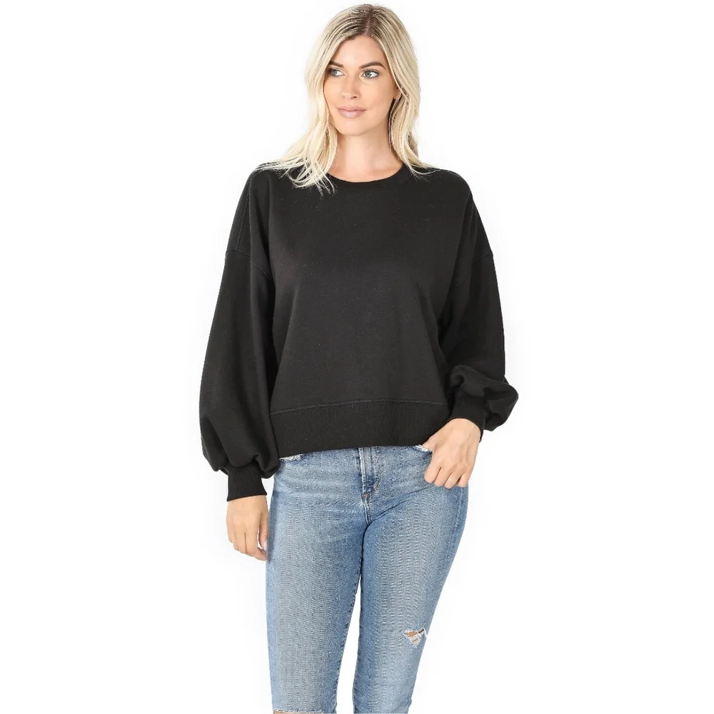 Black Balloon Sleeve Oversized Sweatshirt Cozy Casual Pullover Sizes: S–3X - Picture 1 of 4
